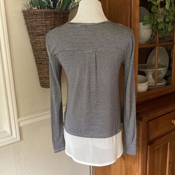 Loft Long Sleeve Navy/White Striped Top With High Low Sheer Hemline Size Small - Picture 4 of 11